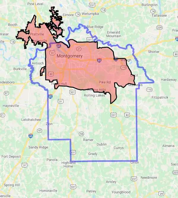 County level USDA loan eligibility boundaries for Montgomery, Alabama