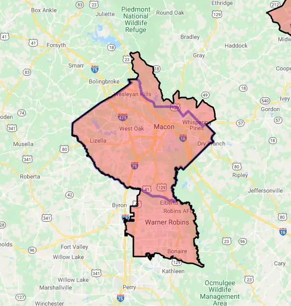 County level USDA loan eligibility boundaries for Bibb, Georgia