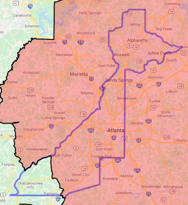 County level USDA loan eligibility boundaries for Fulton, Georgia