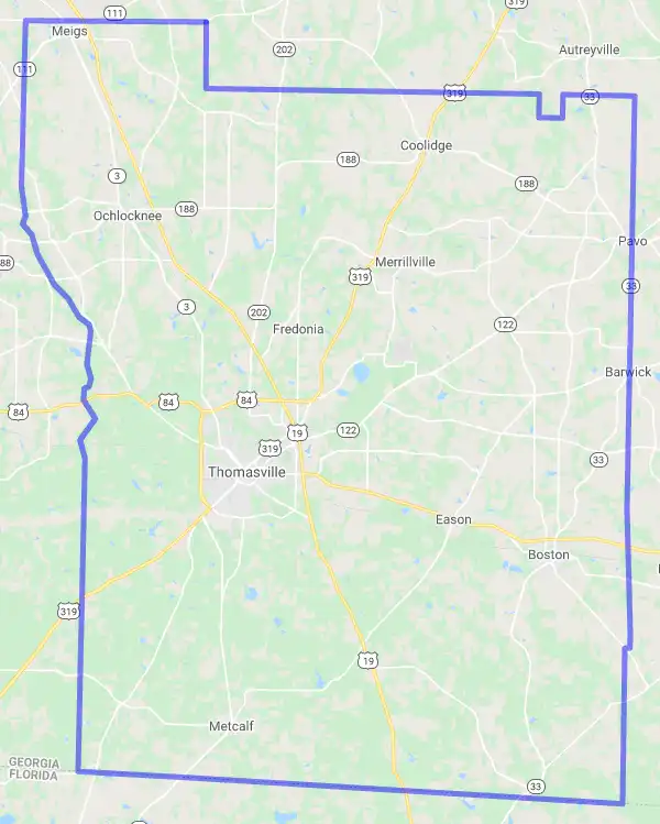County level USDA loan eligibility boundaries for Thomas, Georgia