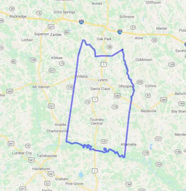 County level USDA loan eligibility boundaries for Toombs, Georgia