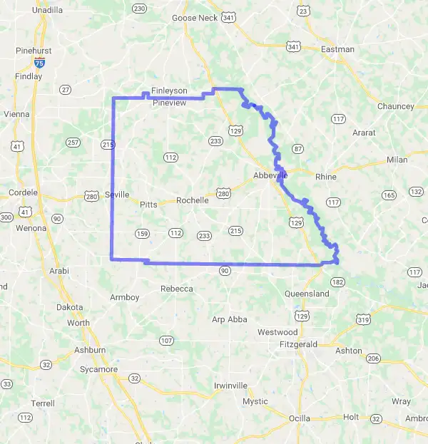 County level USDA loan eligibility boundaries for Wilcox, Georgia