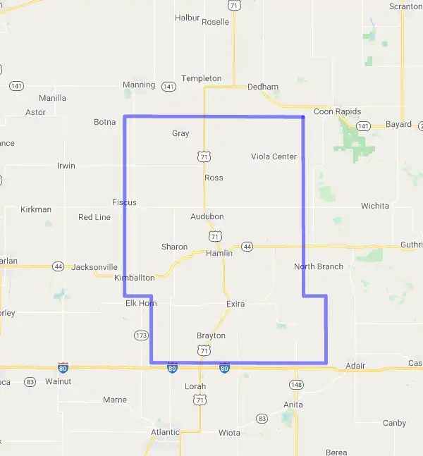 County level USDA loan eligibility boundaries for Audubon, Iowa