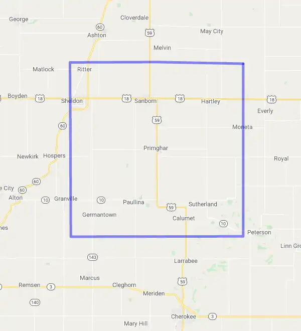 County level USDA loan eligibility boundaries for O'Brien, Iowa