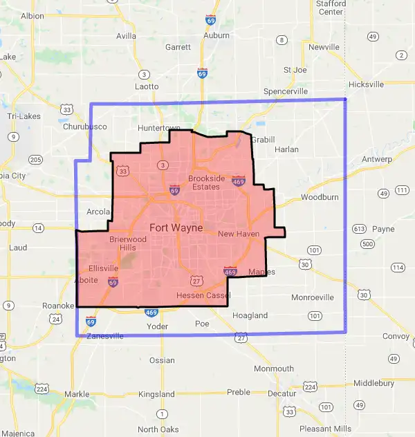 County level USDA loan eligibility boundaries for Allen, Indiana