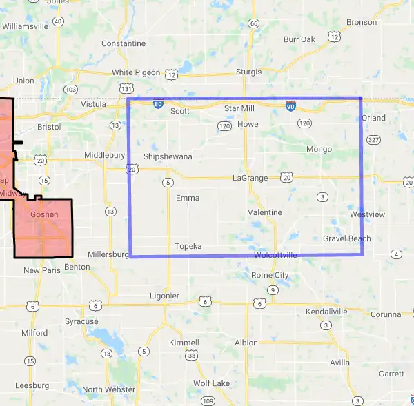 County level USDA loan eligibility boundaries for LaGrange, Indiana