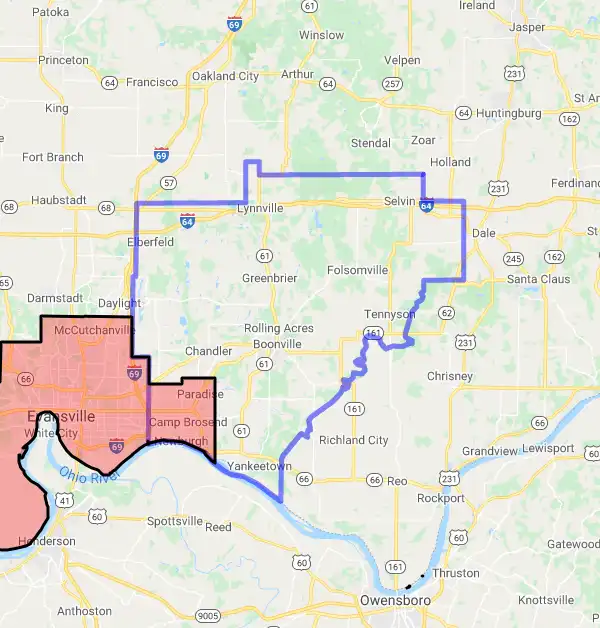 County level USDA loan eligibility boundaries for Warrick, Indiana