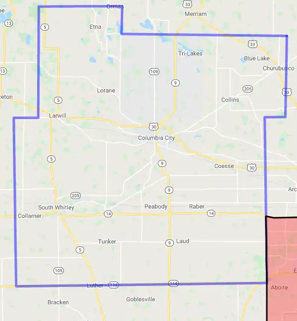 County level USDA loan eligibility boundaries for Whitley, Indiana