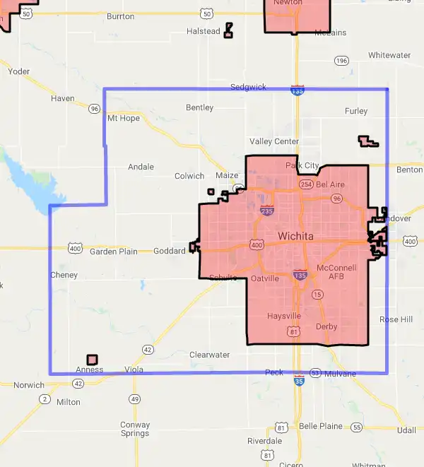 County level USDA loan eligibility boundaries for Sedgwick, Kansas