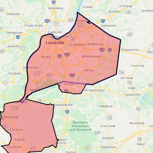 County level USDA loan eligibility boundaries for Jefferson, Kentucky