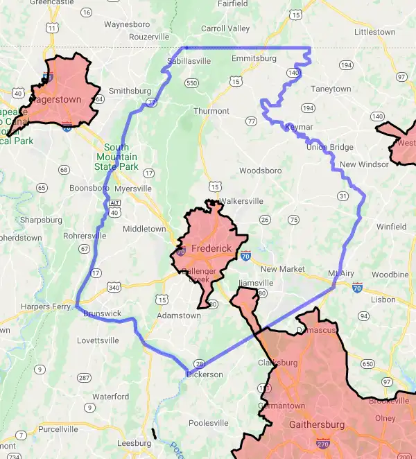 County level USDA loan eligibility boundaries for Frederick, Maryland