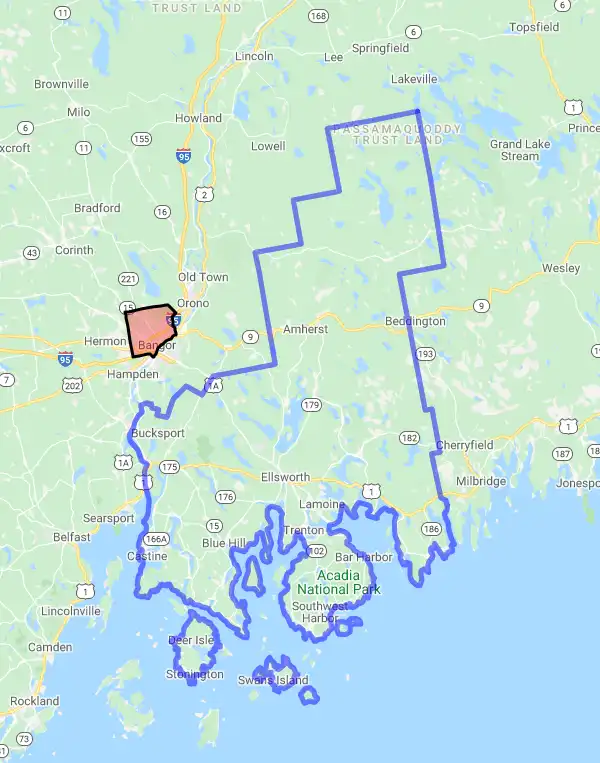County level USDA loan eligibility boundaries for Hancock, Maine