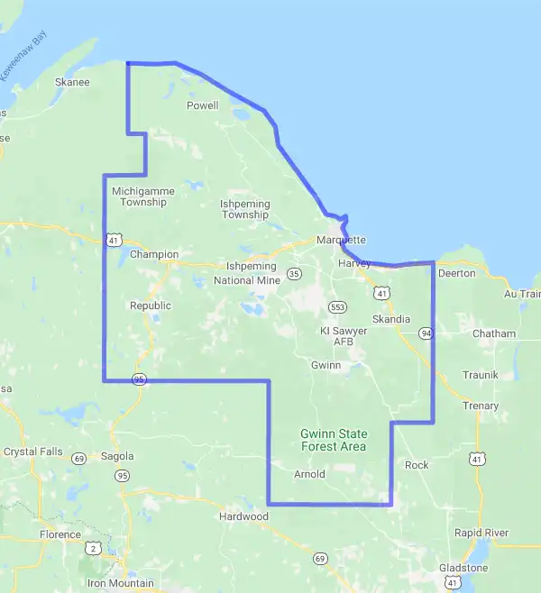 County level USDA loan eligibility boundaries for Marquette, Michigan
