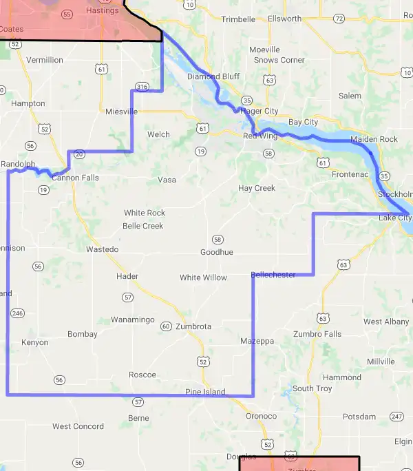 County level USDA loan eligibility boundaries for Goodhue, Minnesota