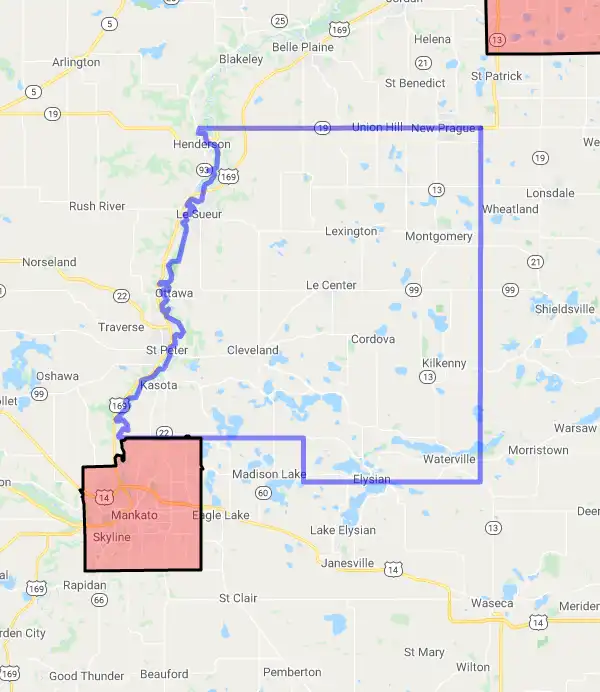 County level USDA loan eligibility boundaries for Le Sueur, Minnesota