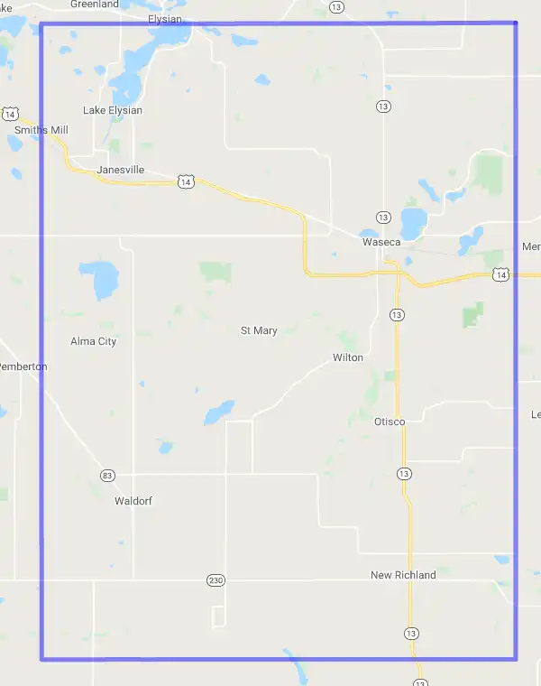 County level USDA loan eligibility boundaries for Waseca, Minnesota