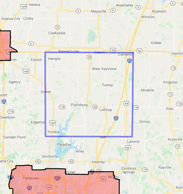 County level USDA loan eligibility boundaries for Clinton, Missouri
