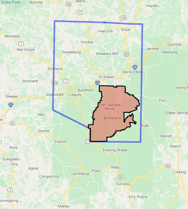 County level USDA loan eligibility boundaries for Pulaski, Missouri
