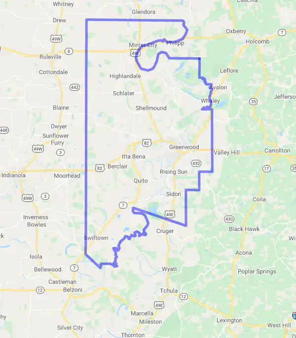 County level USDA loan eligibility boundaries for Leflore, Mississippi