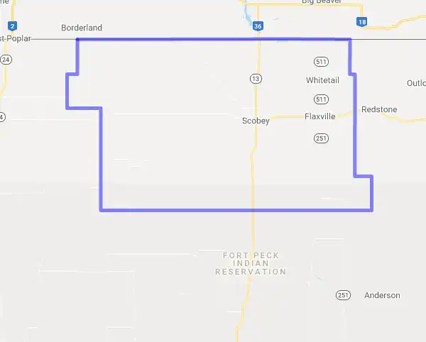 County level USDA loan eligibility boundaries for Daniels, Montana