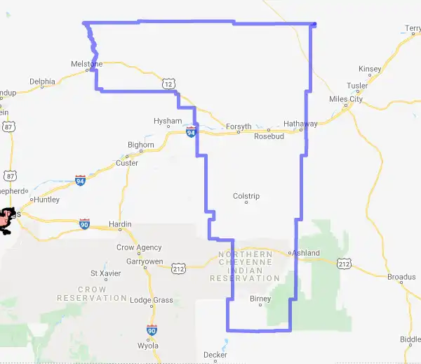 County level USDA loan eligibility boundaries for Rosebud, Montana