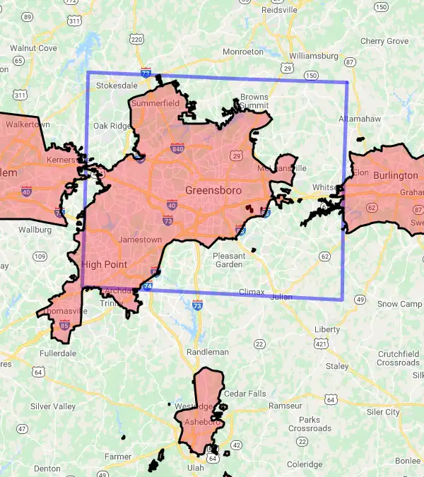 County level USDA loan eligibility boundaries for Guilford, North Carolina
