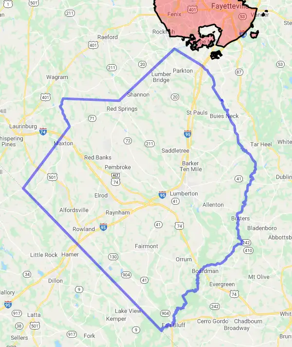 County level USDA loan eligibility boundaries for Robeson, North Carolina