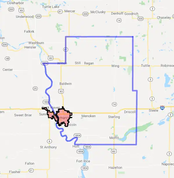 County level USDA loan eligibility boundaries for Burleigh, North Dakota