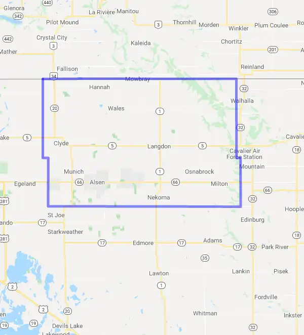 County level USDA loan eligibility boundaries for Cavalier, North Dakota