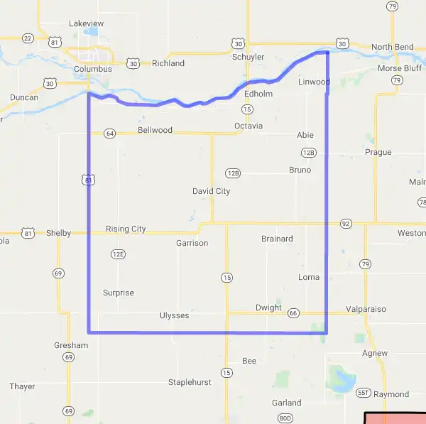 County level USDA loan eligibility boundaries for Butler, Nebraska