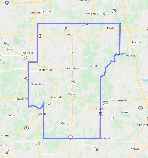 County level USDA loan eligibility boundaries for Hughes, Oklahoma