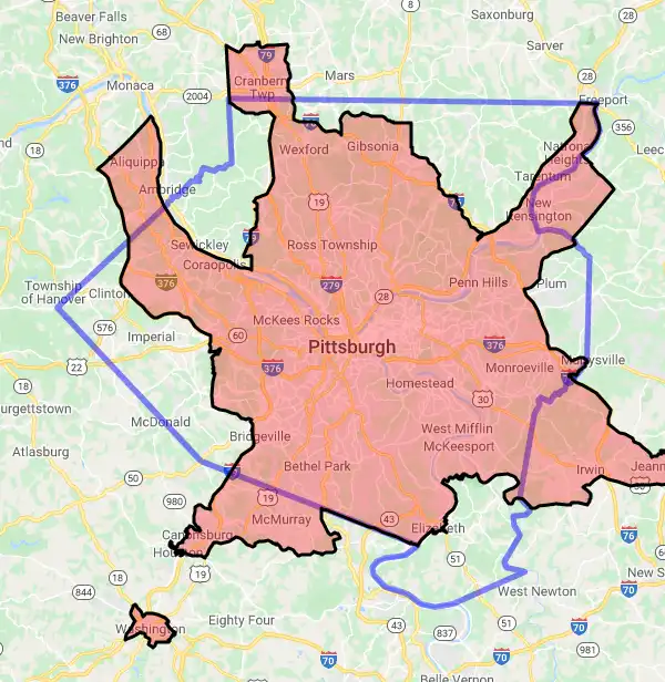 County level USDA loan eligibility boundaries for Allegheny, Pennsylvania