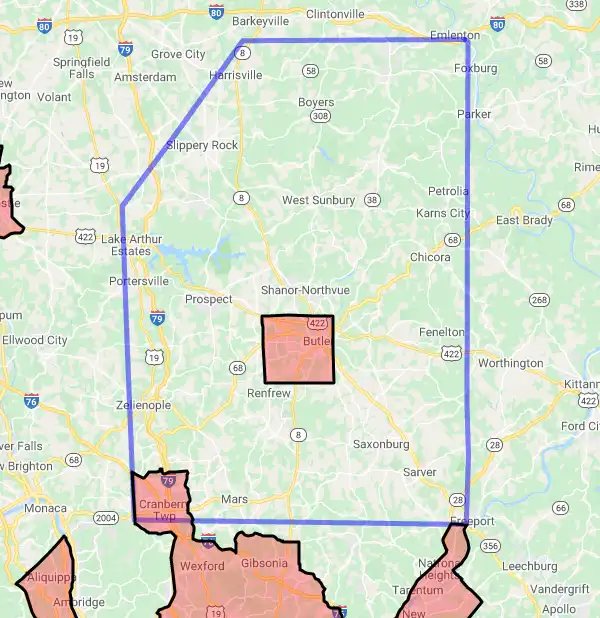 County level USDA loan eligibility boundaries for Butler, Pennsylvania