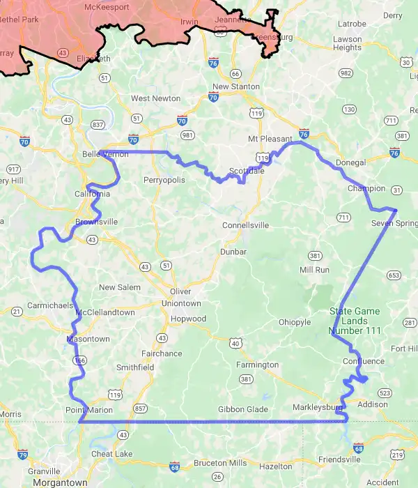 County level USDA loan eligibility boundaries for Fayette, Pennsylvania