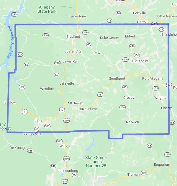 County level USDA loan eligibility boundaries for McKean, Pennsylvania