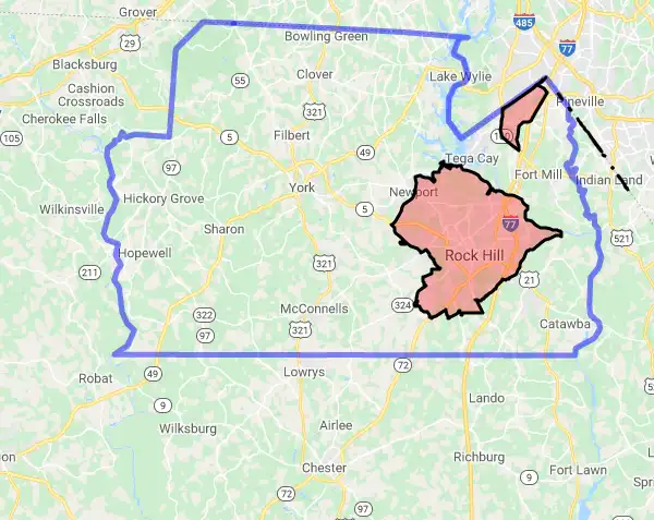 County level USDA loan eligibility boundaries for York, South Carolina