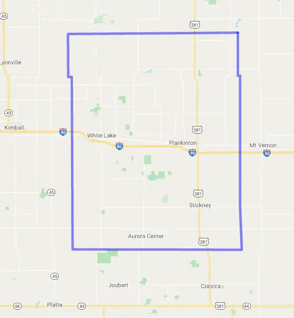 County level USDA loan eligibility boundaries for Aurora, South Dakota