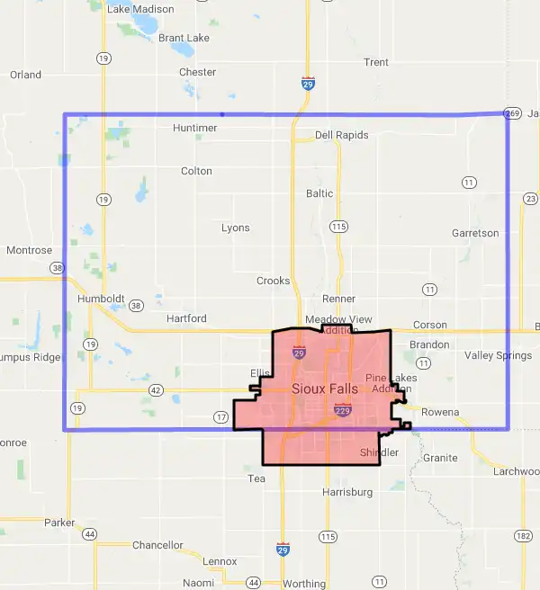 County level USDA loan eligibility boundaries for Minnehaha, South Dakota
