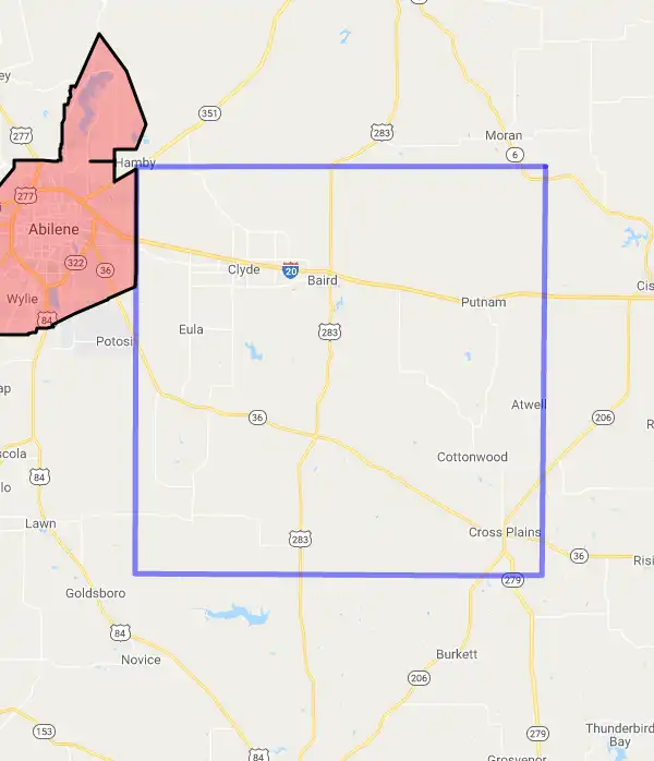 County level USDA loan eligibility boundaries for Callahan, Texas