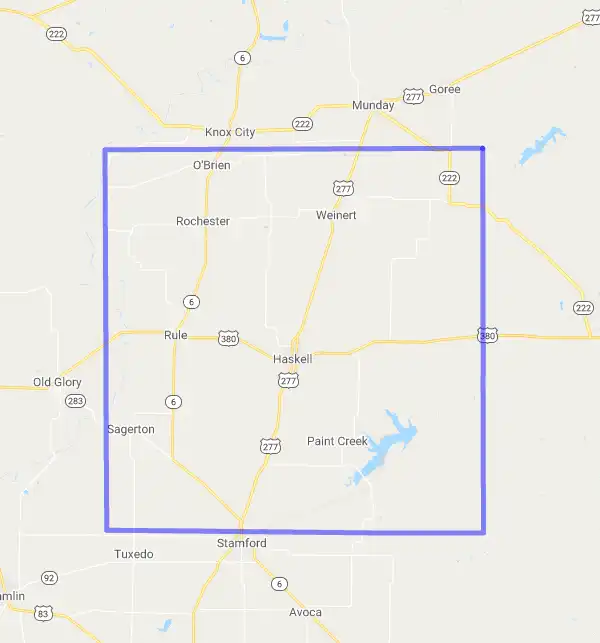 County level USDA loan eligibility boundaries for Haskell, Texas