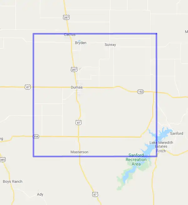 County level USDA loan eligibility boundaries for Moore, Texas