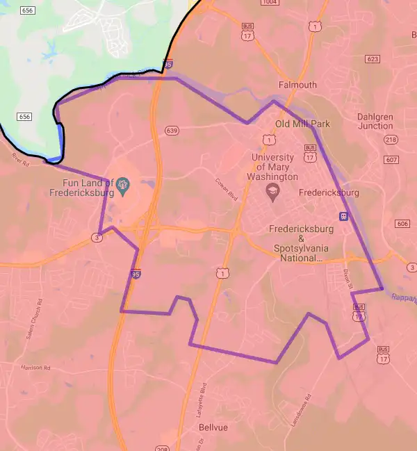 County or Independent City level USDA loan eligibility boundaries for Fredericksburg, Virginia