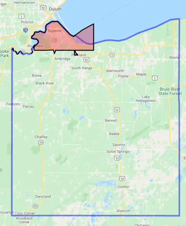 County level USDA loan eligibility boundaries for Douglas, Wisconsin