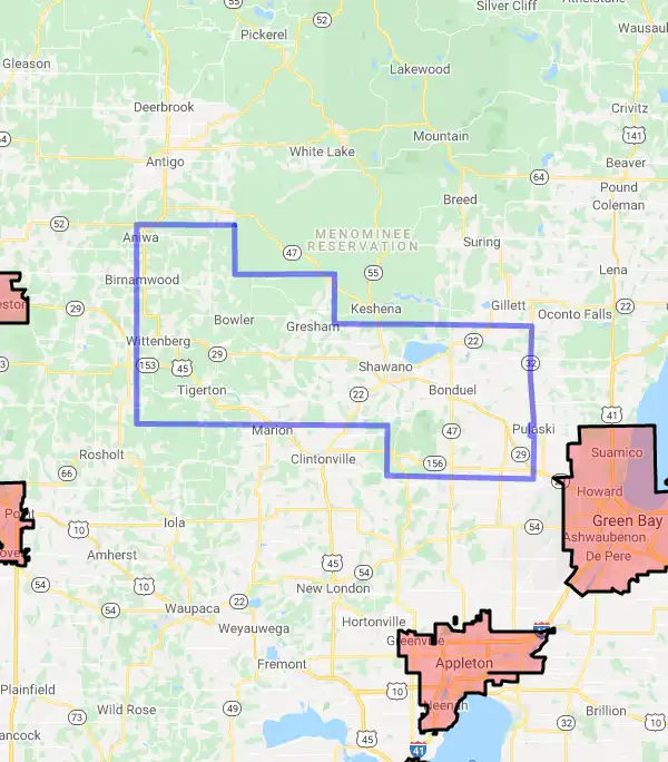 County level USDA loan eligibility boundaries for Shawano, Wisconsin