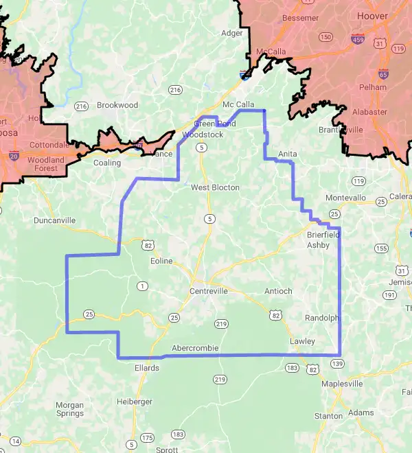 County level USDA loan eligibility boundaries for Bibb, Alabama