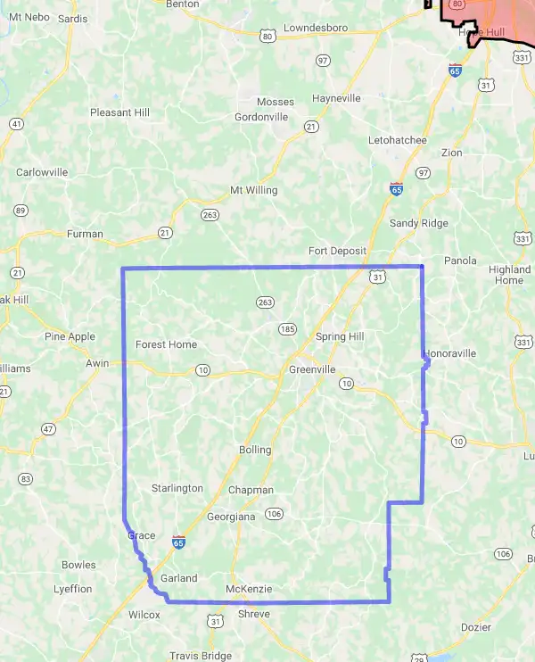 County level USDA loan eligibility boundaries for Butler, Alabama