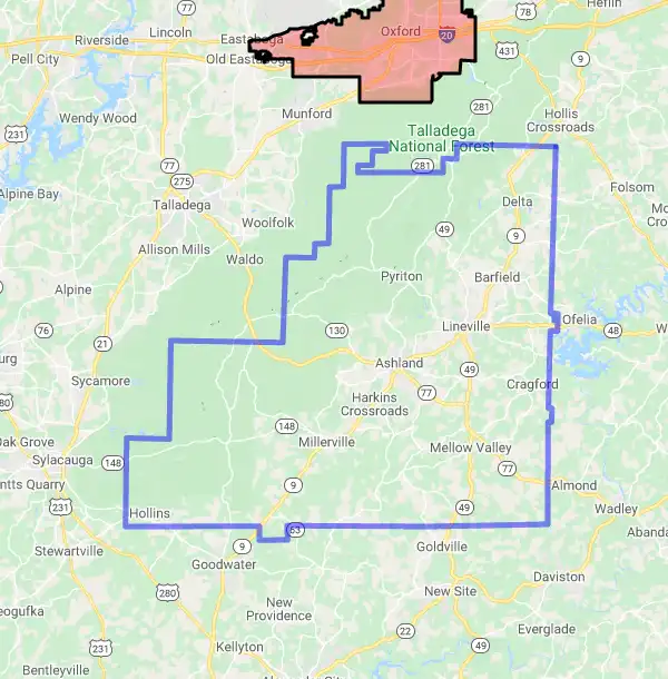 County level USDA loan eligibility boundaries for Clay, Alabama
