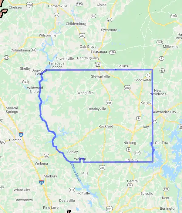 County level USDA loan eligibility boundaries for Coosa, Alabama