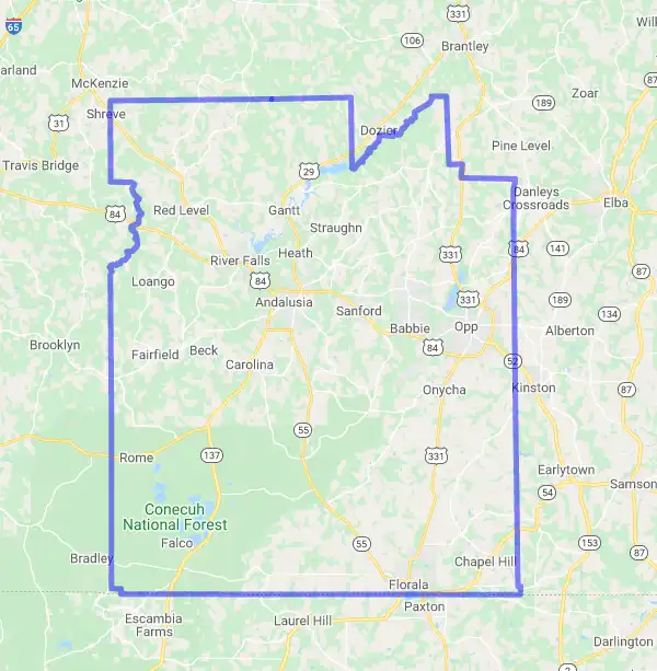 County level USDA loan eligibility boundaries for Covington, Alabama