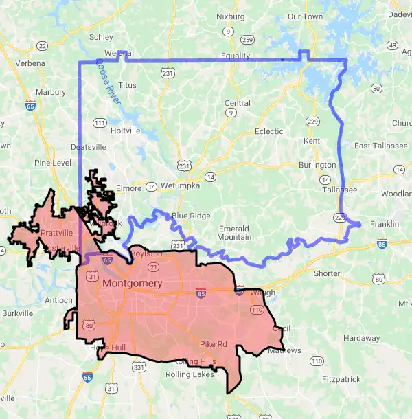 County level USDA loan eligibility boundaries for Elmore, Alabama
